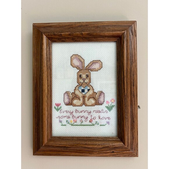 1980s Vintage Spring Easter Bunny Needlepoint Handmade Art Piece - Picture 2 of 4
